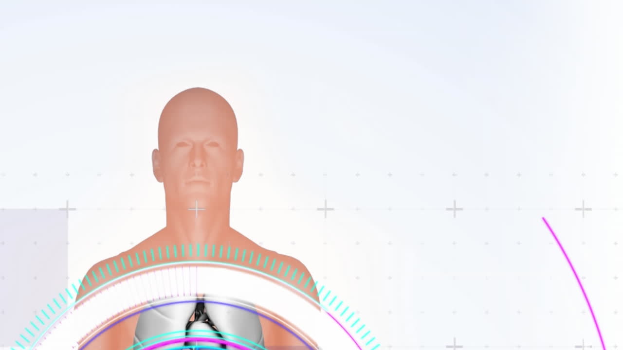 ⁇ 색 배경에 대한 인체 모델과 둥근 스캐너에 대한 오류 효과의 애니메이션