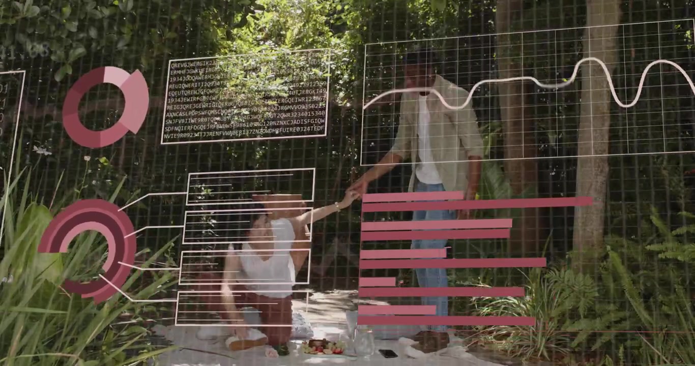 Coppia seduta su una coperta che mostra sovrapposizioni di dati, condividendo frutta, illustrando il progresso dell'analisi tecnologica.