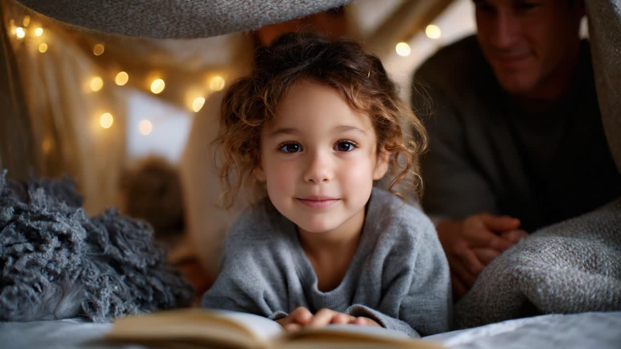 En hyggelig indendørsscene af et barn, der læser en bog med sin familie, omgivet af bløde tekstiler og varmt lys for en magisk historiefortællingsoplevelse