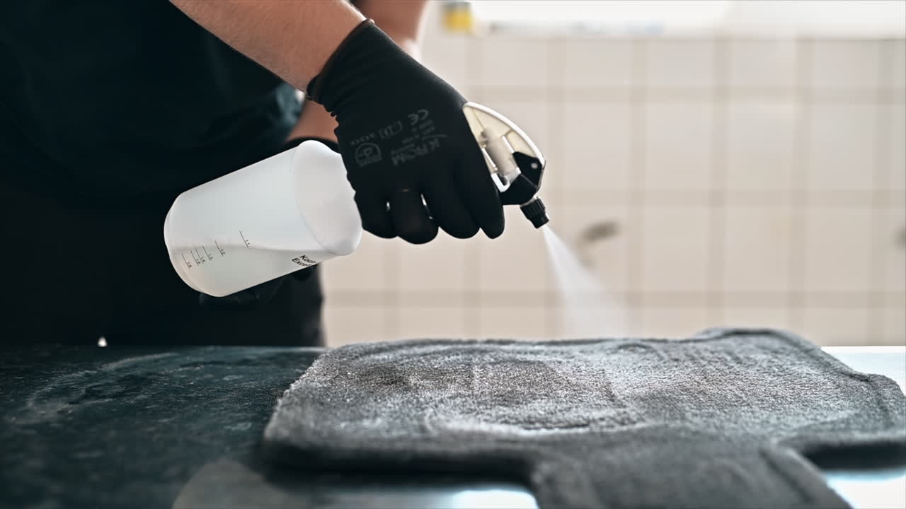 Working cleaner at car wash. Cleaning a carpet using a spray with chemical solution. Slow motion