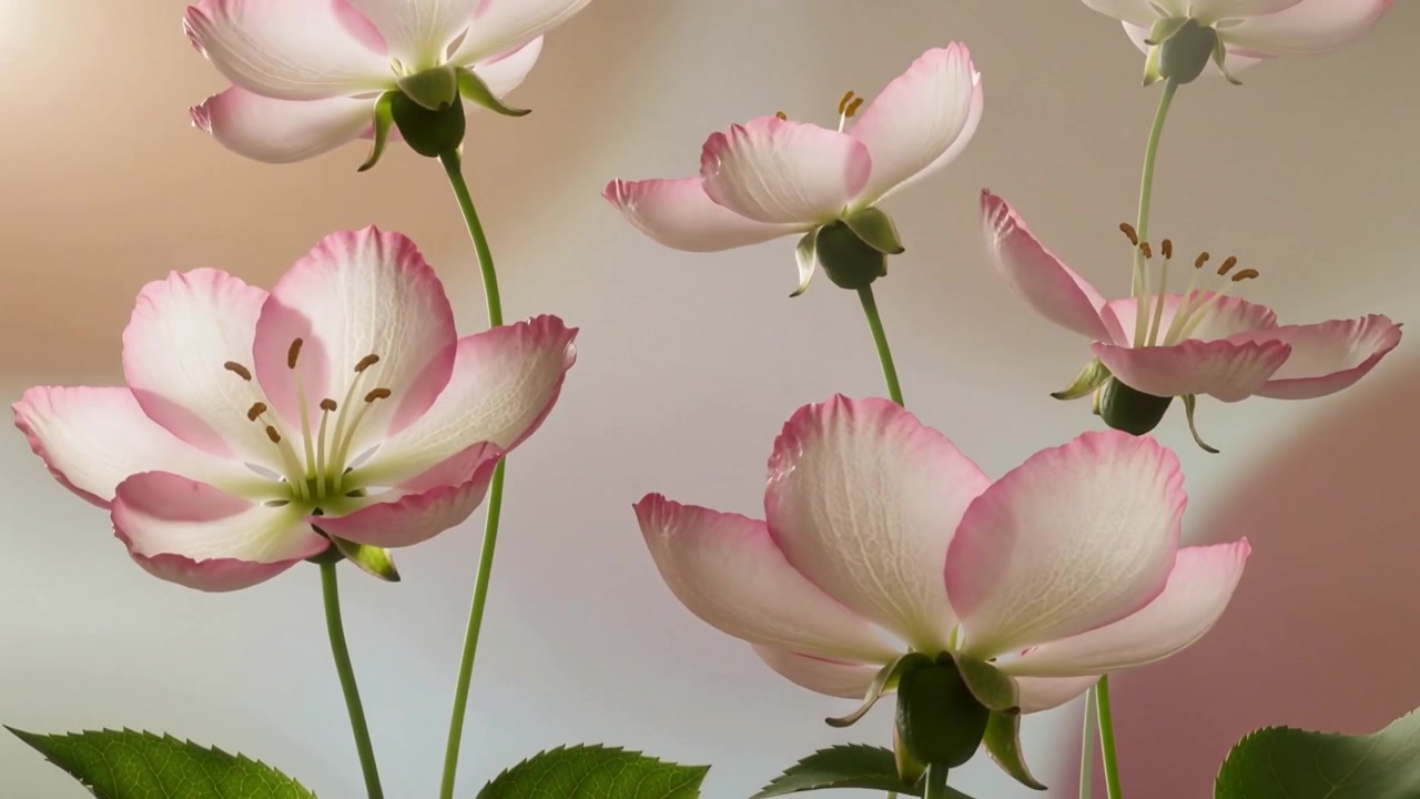 Fiori ondeggianti con bordi rosa pallido che ruotano e si aprono per una leggera brezza in studio, rivelando gli stami.