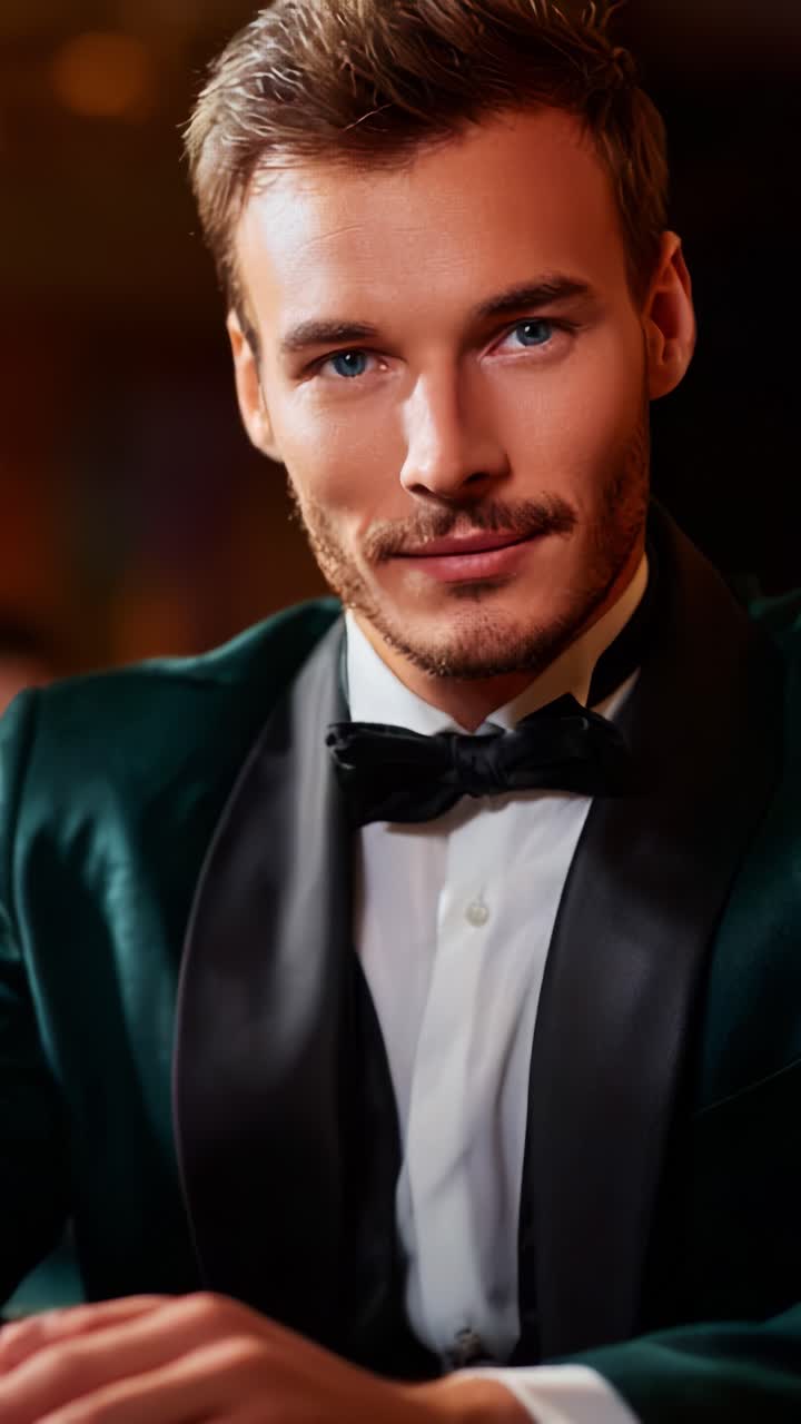 Homem elegante em traje formal, com olhos azuis e sorriso charmoso, posando para a câmera em ambiente sofisticado, capturando um momento de estilo e confiança