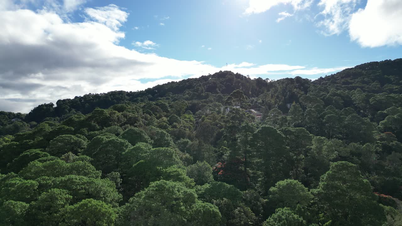 el dron se eleva en el exuberante bosque tropical revelando la ciudad colonial turística de santa lucía, honduras.