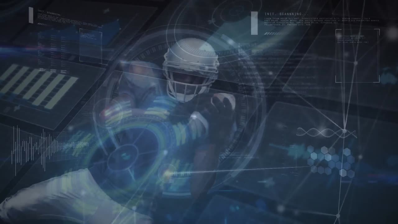 Animation of various digital diagrams and patterns moving over biracial player playing rugby