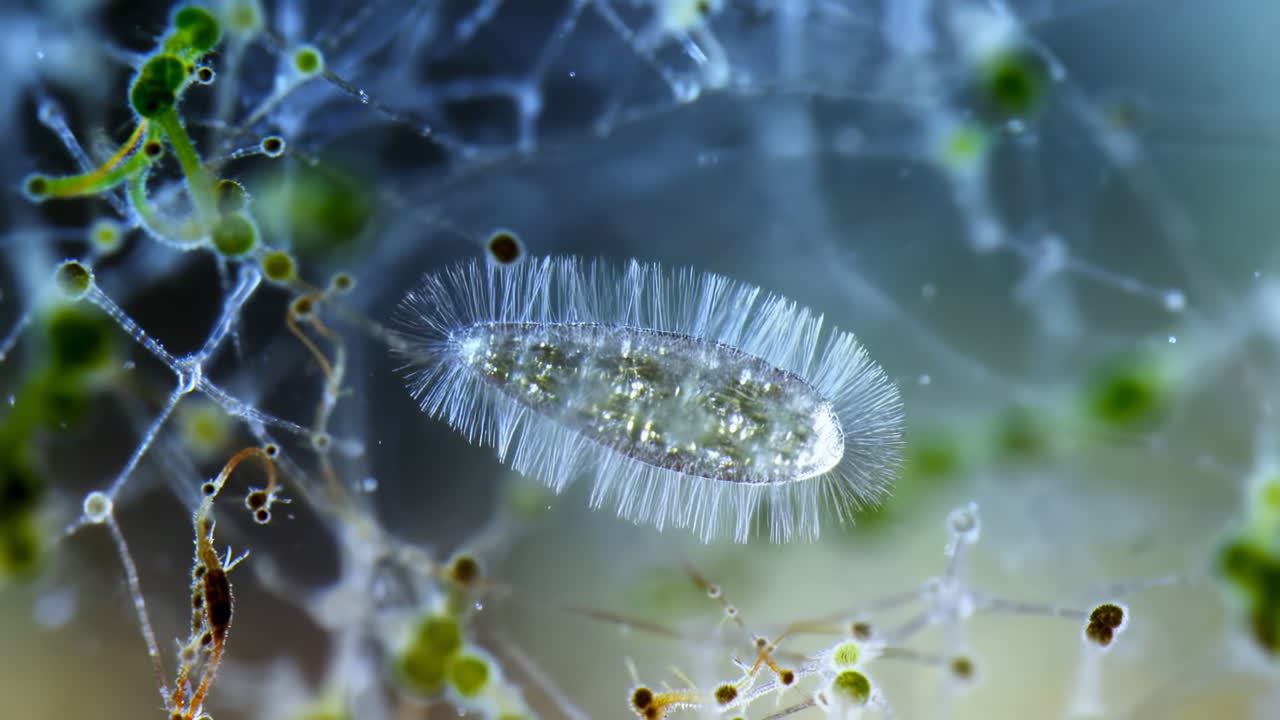 透明纖毛蟲在生物膜層中漂浮，精緻鐘形蟲樣本帶有放射狀纖毛懸浮