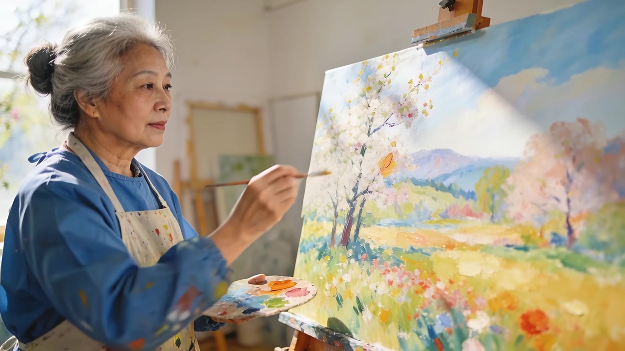 年長亞洲畫家穿著罩衫圍裙，在窗邊畫架上使用調色板，為畫作增添樹木細節