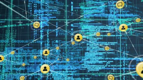 animación de la red de iconos digitales y procesamiento de datos sobre la red de cuadrícula contra un fondo azul