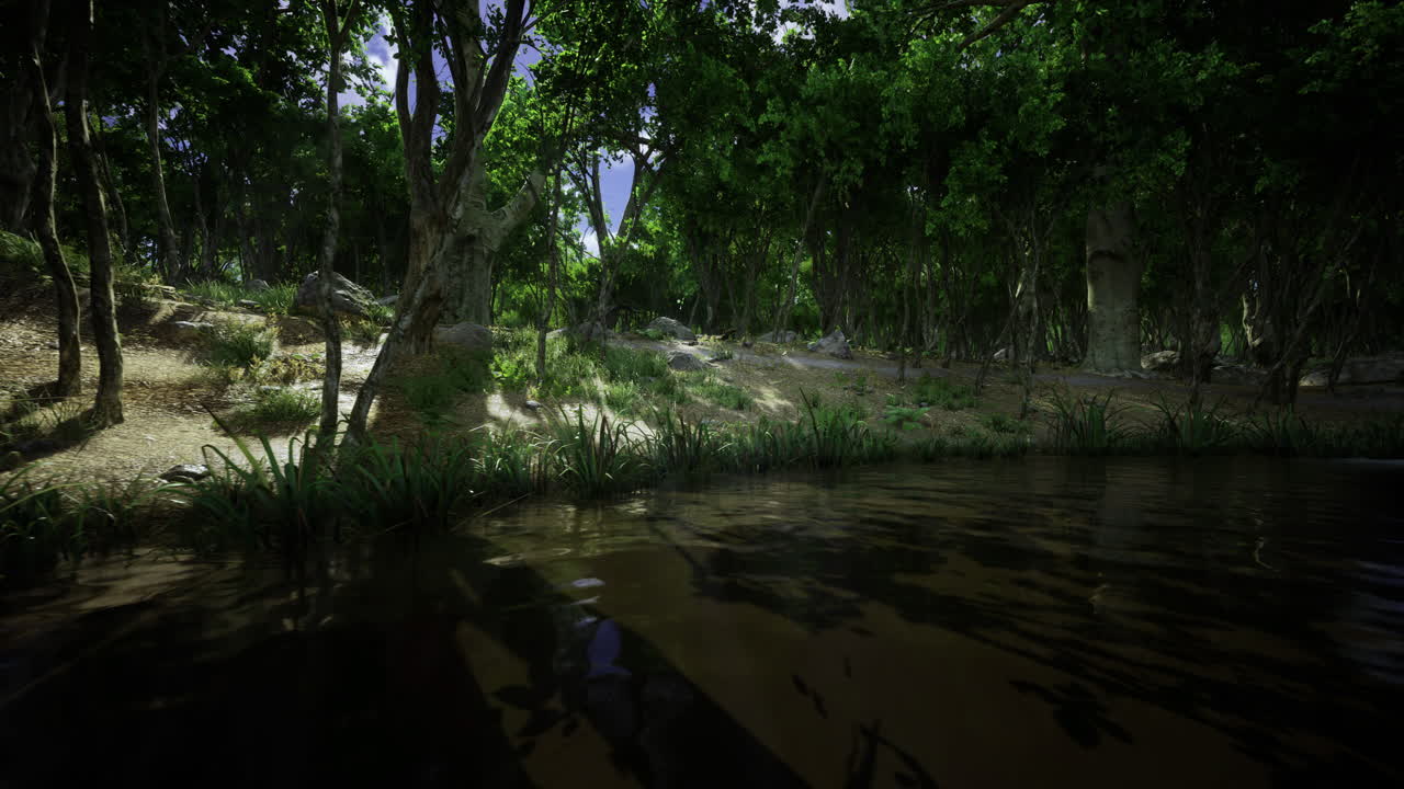 Peaceful forest landscape with clear water and vibrant green foliage