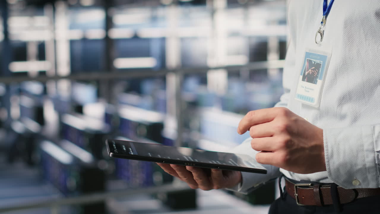 Close up of data center software developer doing maintenance tasks on tablet