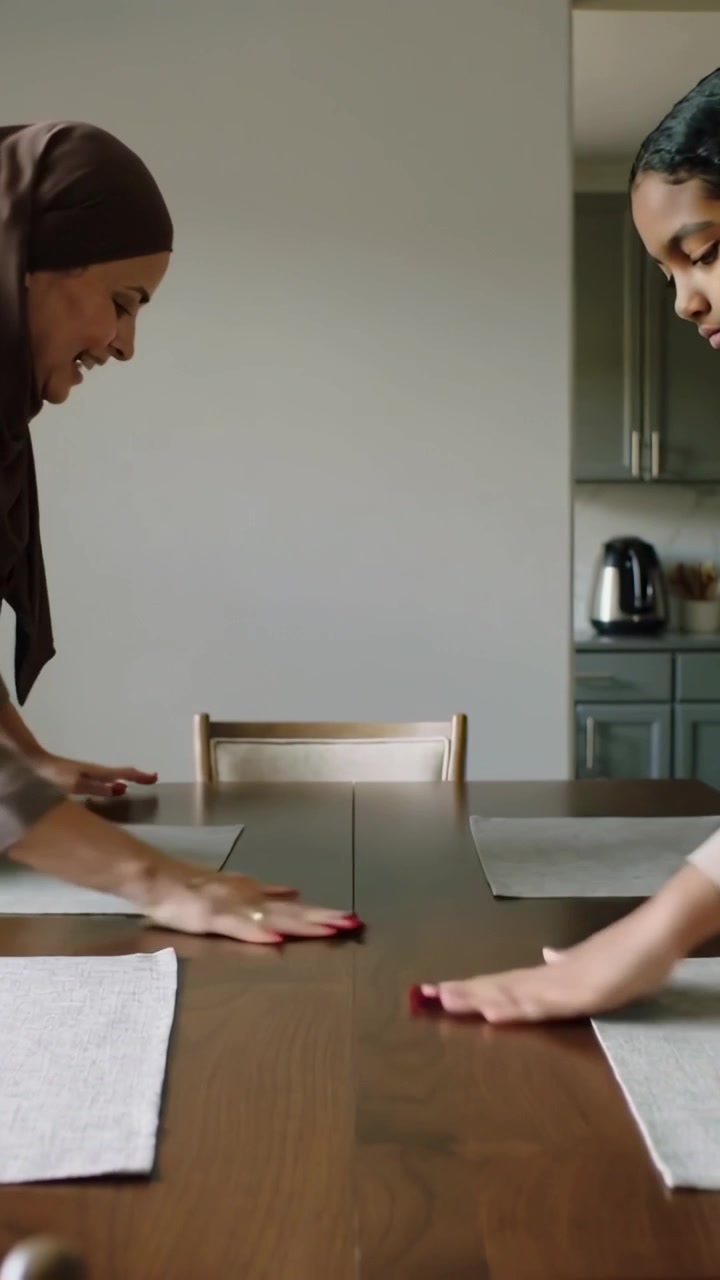 Vertical video: Preparing meal at home mom and daughter smoothing placemats on wood table headscarf