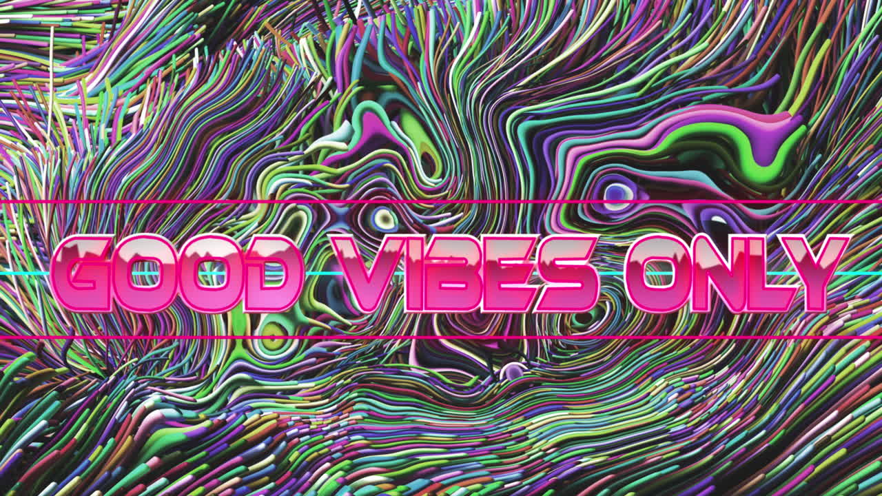 animación de buenas vibraciones sólo texto sobre fondo de patrón líquido abstracto
