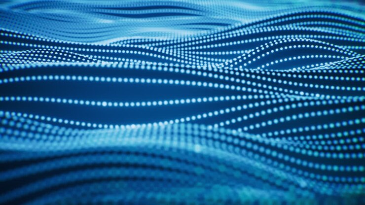 Linee curve fluide e sfondo di particelle, rendering in 3D