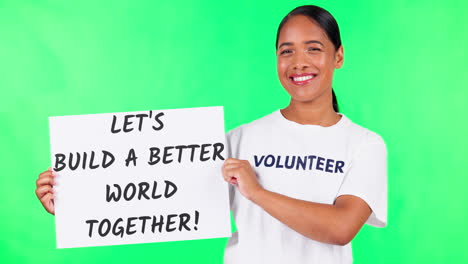 Woman,-volunteering-sign-and-green-screen