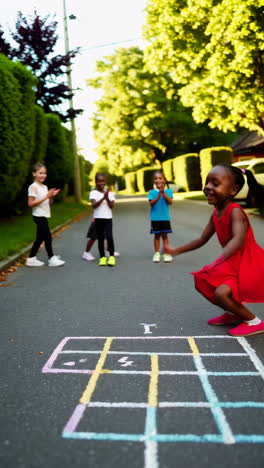 happy children playing hopscotch on a street