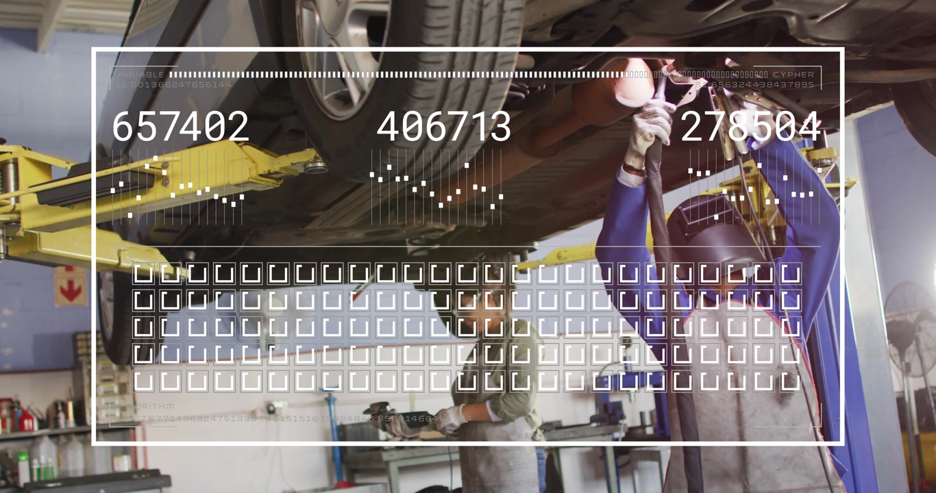 Two women mechanics working under lifted car, scan starting, HUD overlay guiding drill repair
