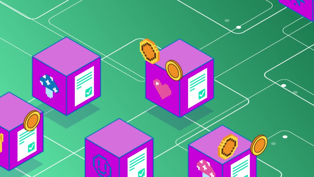 Purple Virtual Blocks NFT CryptoArt Animation on a Black Background. Virtual Money Exchange. Blockchain Technology. NFT Metaverse Concept. 4K