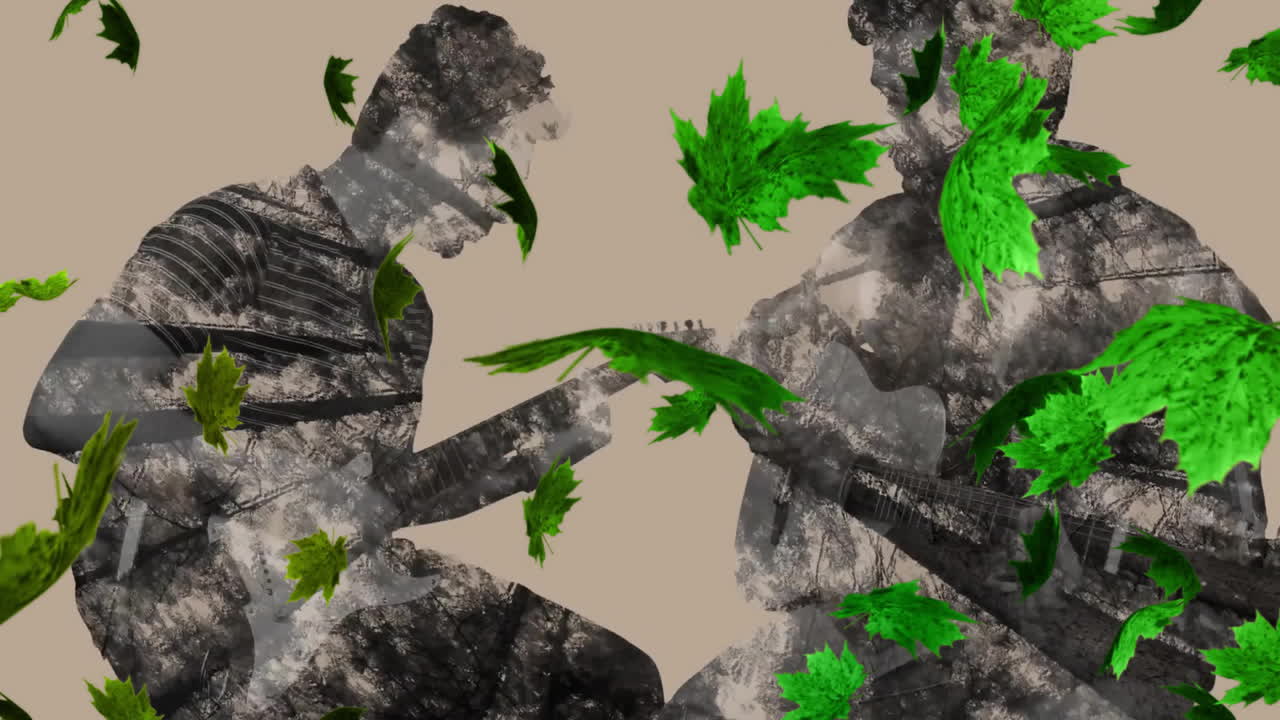 анимация зеленых листьев, падающих на двух кавказских мужчин, играющих на гитаре на бежевом фоне