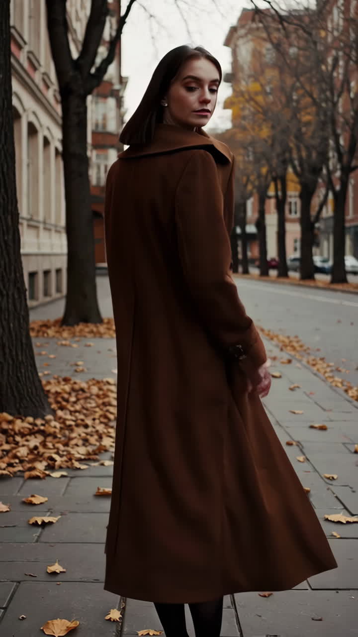 Woman in a Brown Coat Walking on an Autumn City Street