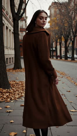 woman in a brown coat walking on an autumn city street