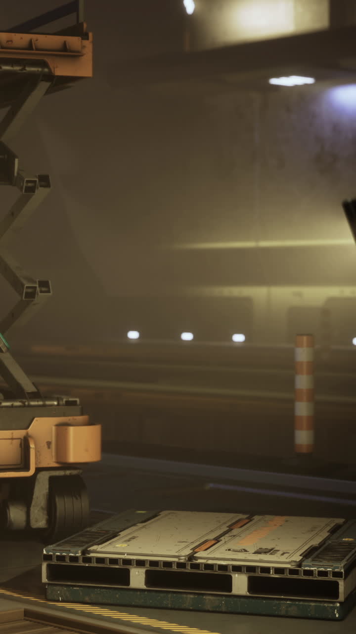Construction equipment lifts platform in industrial setting at night