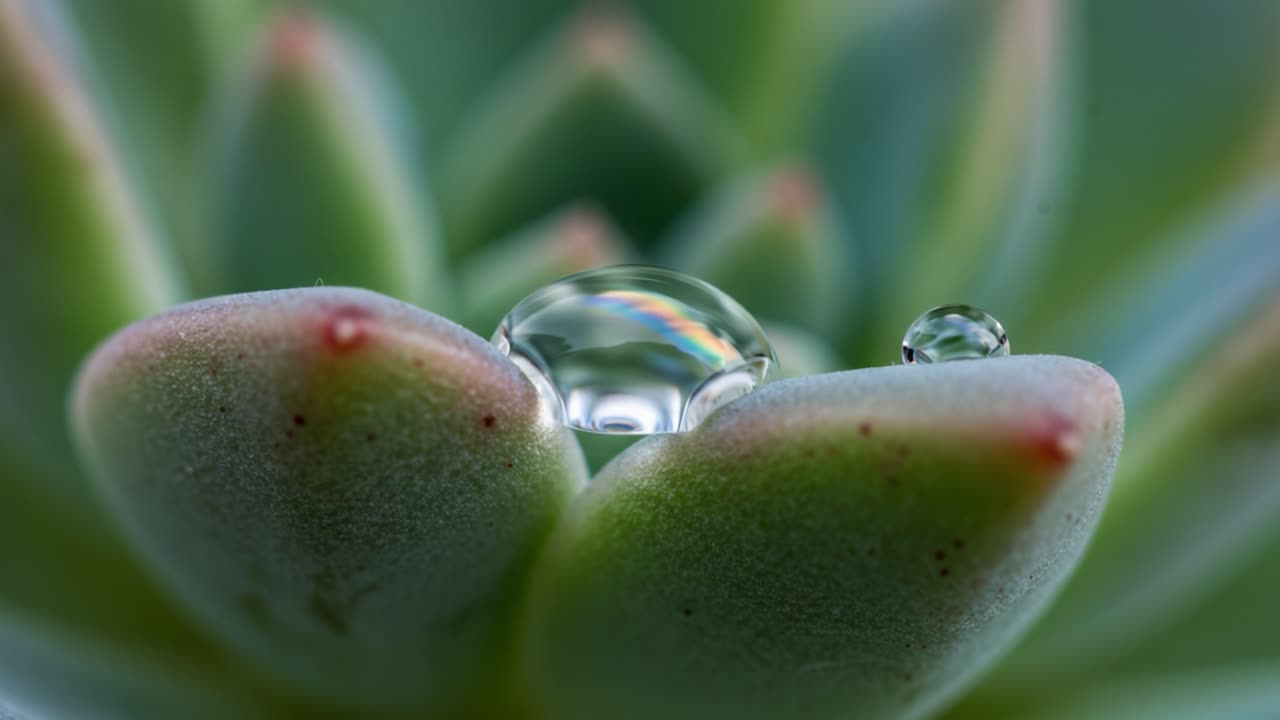 Close-Up View of Dew Drops on a Succulent Plant Leaf, Showcasing Nature's Beauty and the Intricate Details of Water Reflections