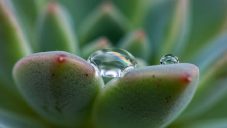 close-up view of dew drops on a succulent plant leaf, showcasing nature's beauty and the intricate details of water reflections