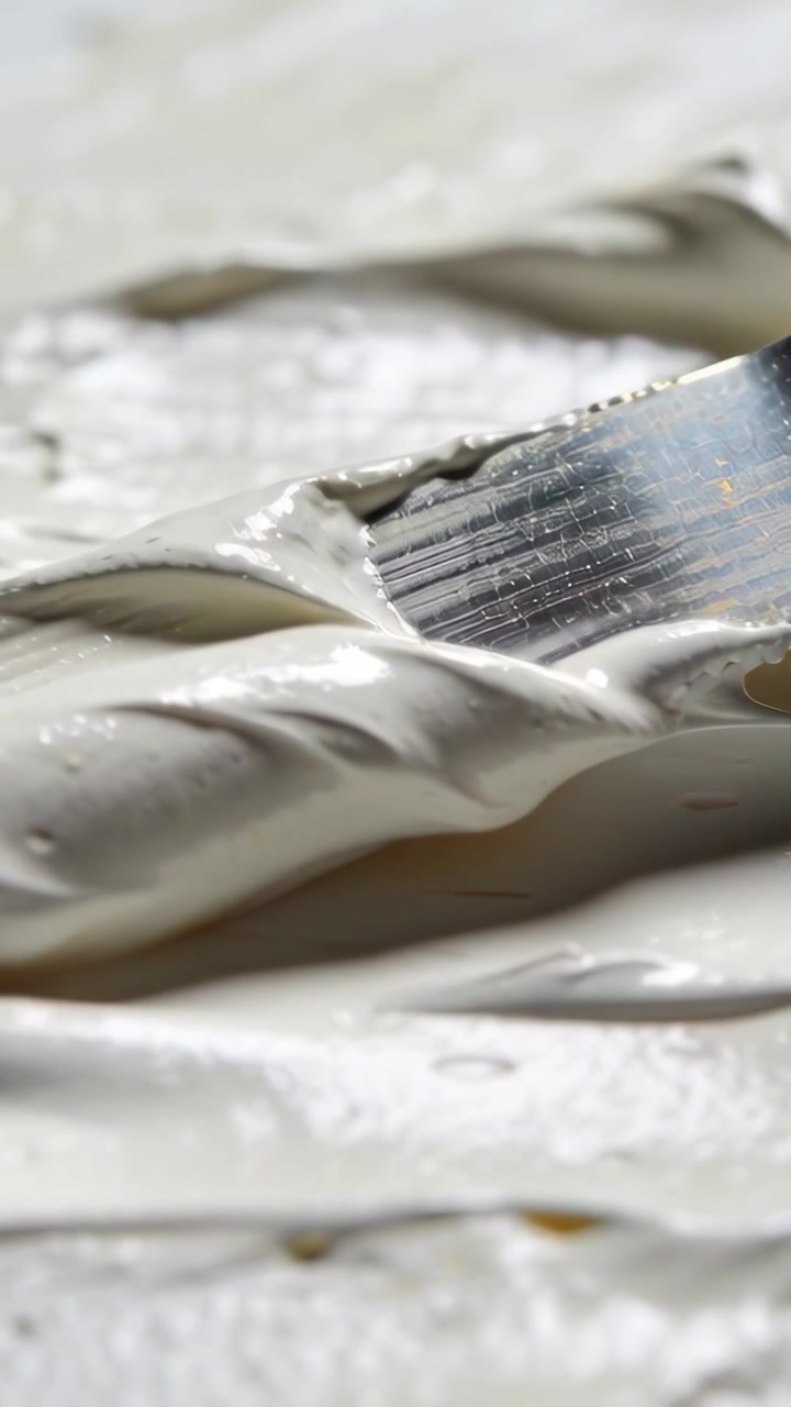 Vertikales Video: Eine Metallklinge berührt eine Kante und verteilt cremige Paste auf einer Platte, wodurch eine Textur entsteht.