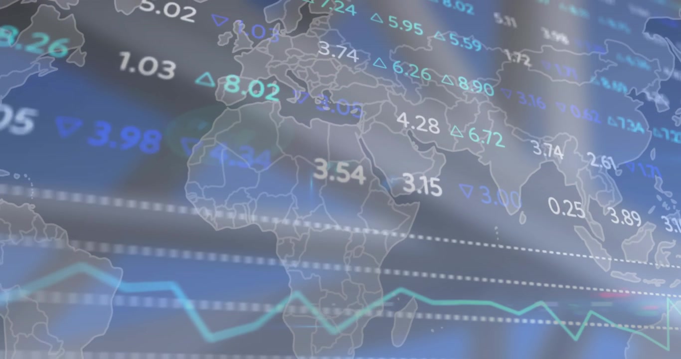 Animation of stock market data processing over world map against grey background
