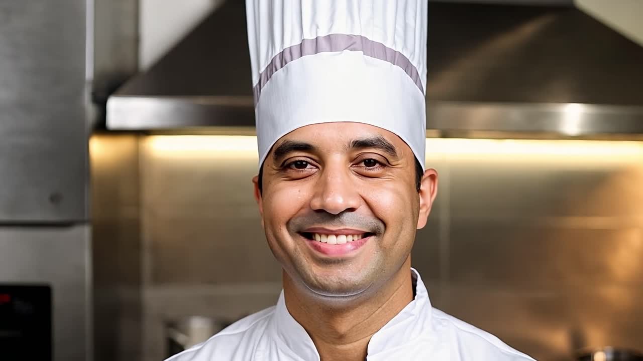 Professional chef in uniform smiles confidently in a commercial kitchen. Wearing a white toque and jacket, he embodies expertise and passion for culinary arts
