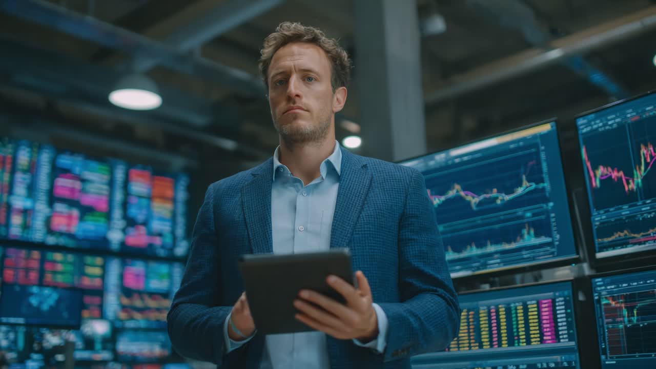 A focused trader analyzes market data on a tablet in a modern trading room, surrounded by multiple screens displaying live stock charts and trends