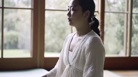 a serene moment of meditation: capturing inner peace and stillness as a woman engages in reflective contemplation within a calm, nature-inspired setting