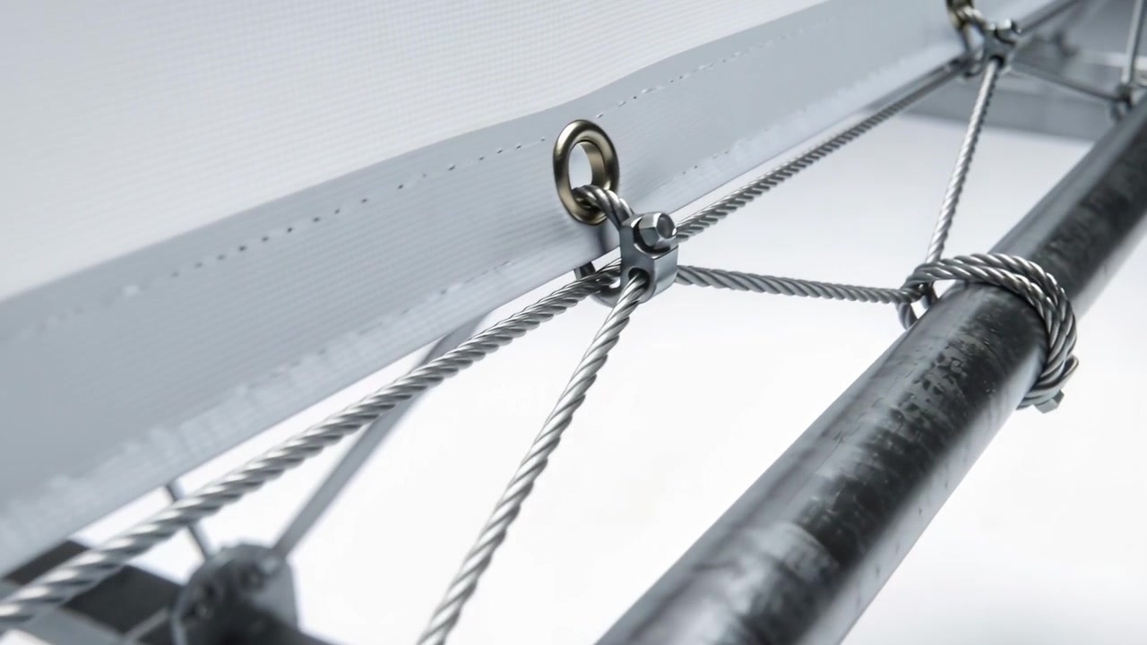 Panning camera revealing cable assembly at white backdrop, highlighting brass eye bolt and clamp