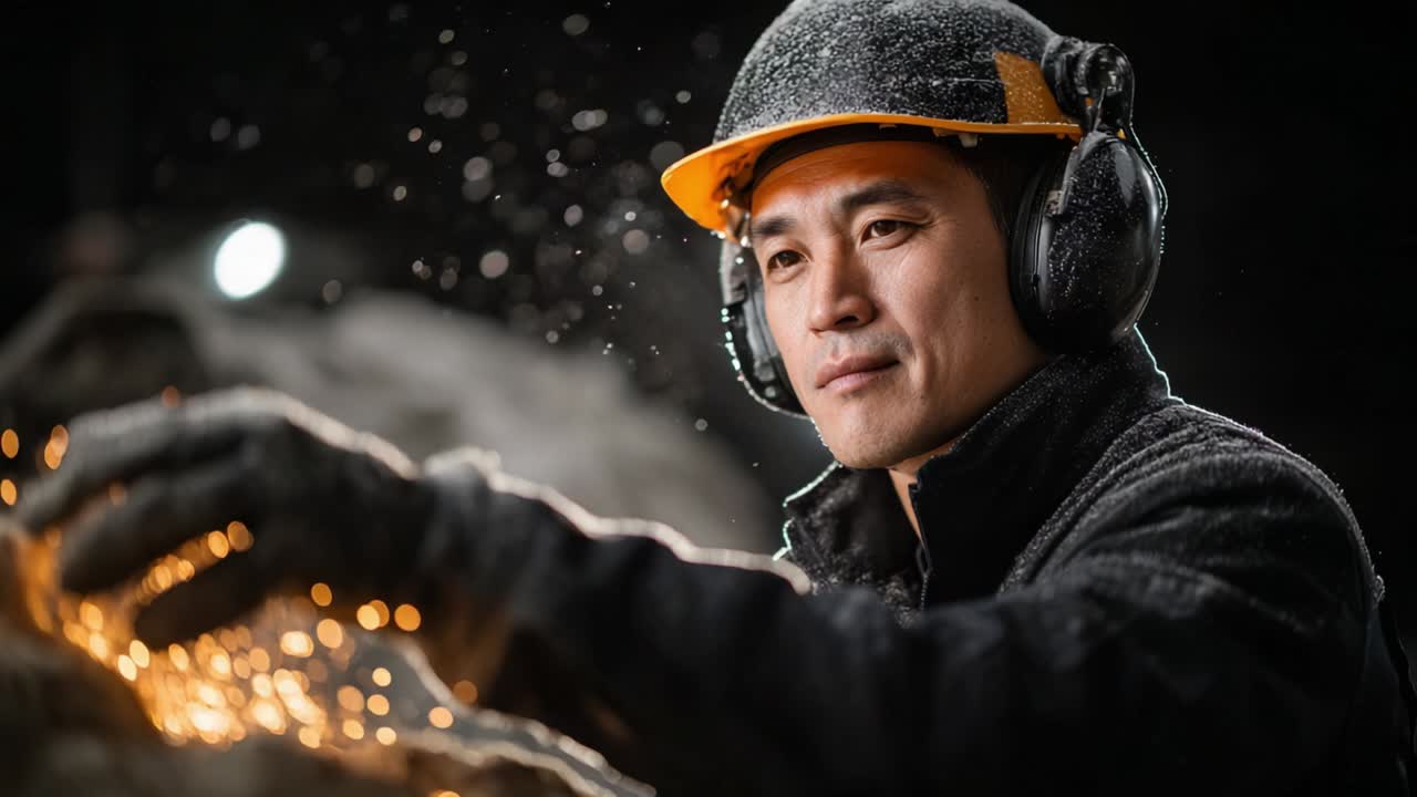 Asiatisk bygningsarbeider med vernehjelm og sikkerhetsutstyr