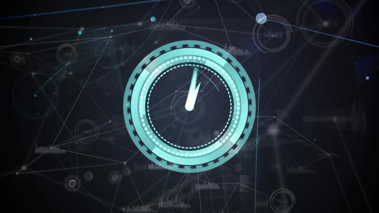Animation of neon ticking clock over network of connections and data processing on black background