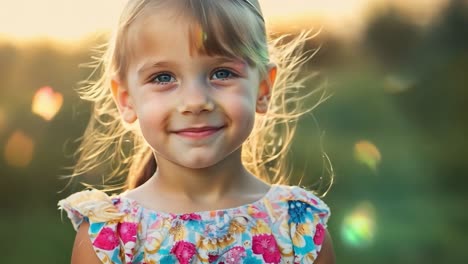 portrait of a cute little girl smiling at sunset