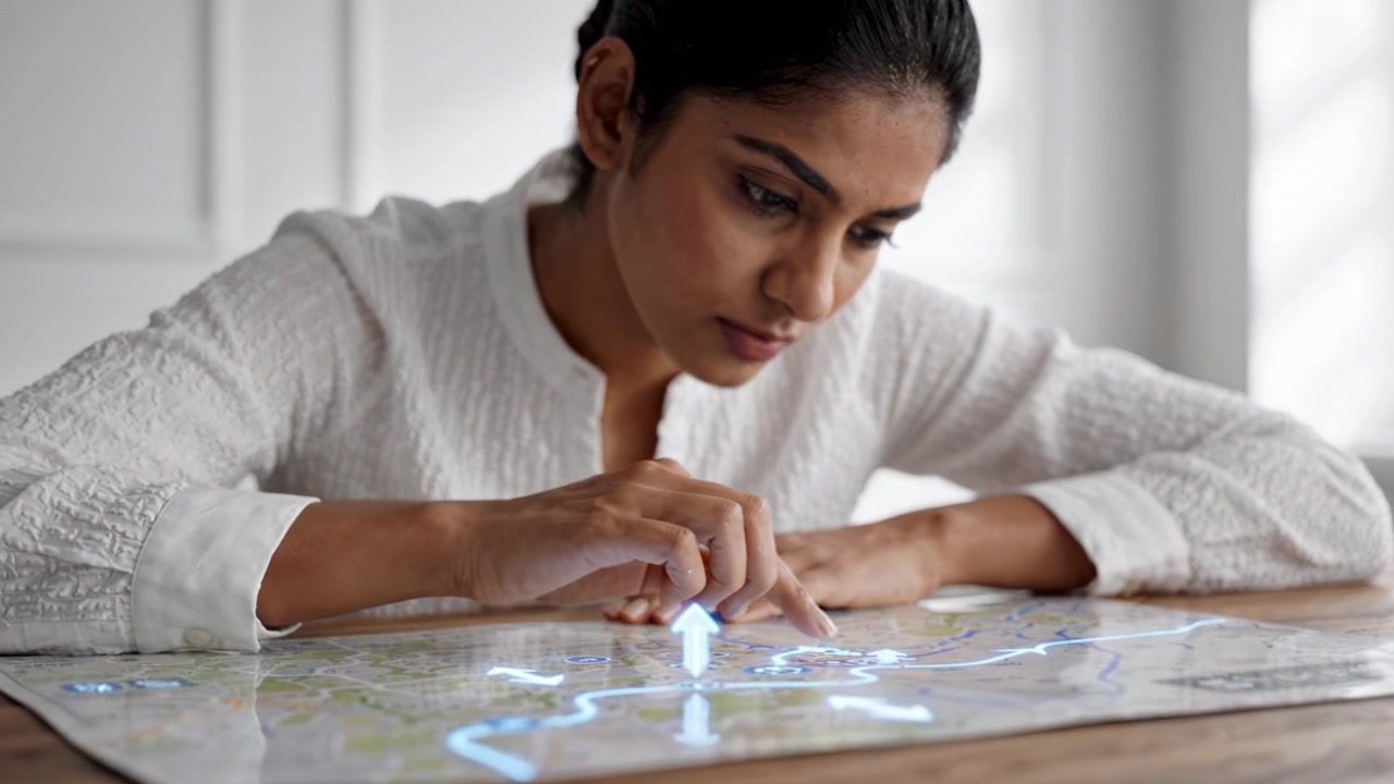 A thoughtful individual analyzing a detailed map, using her finger to trace routes and destinations, lost in the exploration of geographic possibilities and paths ahead.