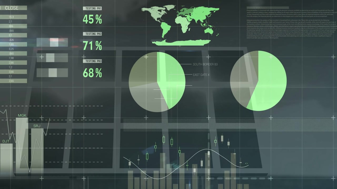 On data update finance HUD animating table gauges percents pie splitting bars filling for analytics