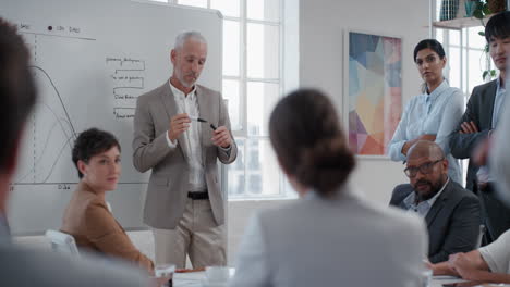 mature businessman presenting project development seminar showing diverse corporate management group ideas on whiteboard in startup office training presentation