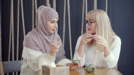 two women having a conversation in a cafe.