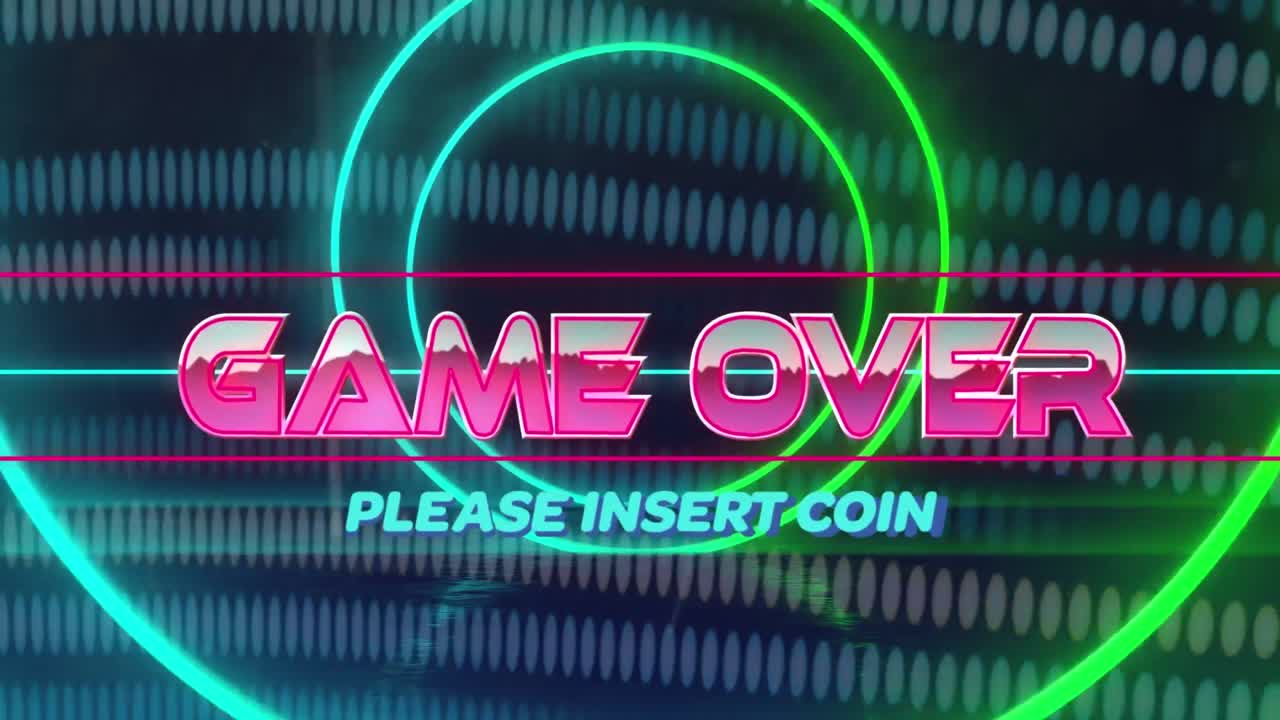 animación del juego sobre banner de texto sobre círculos concéntricos de neón y senderos de luz sobre fondo azul.