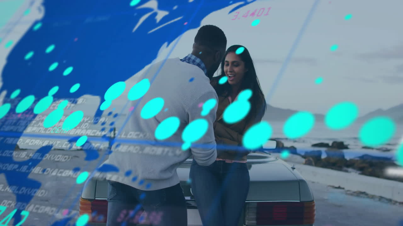 couple standing at open car trunk on beach, showcasing floating dots, code lines for technology