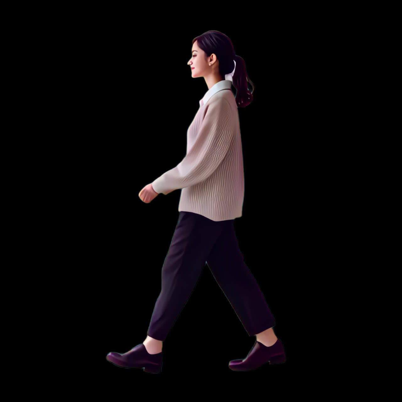 Stylish woman walking confidently animation isolated asset, transparent 4K video, alpha channel