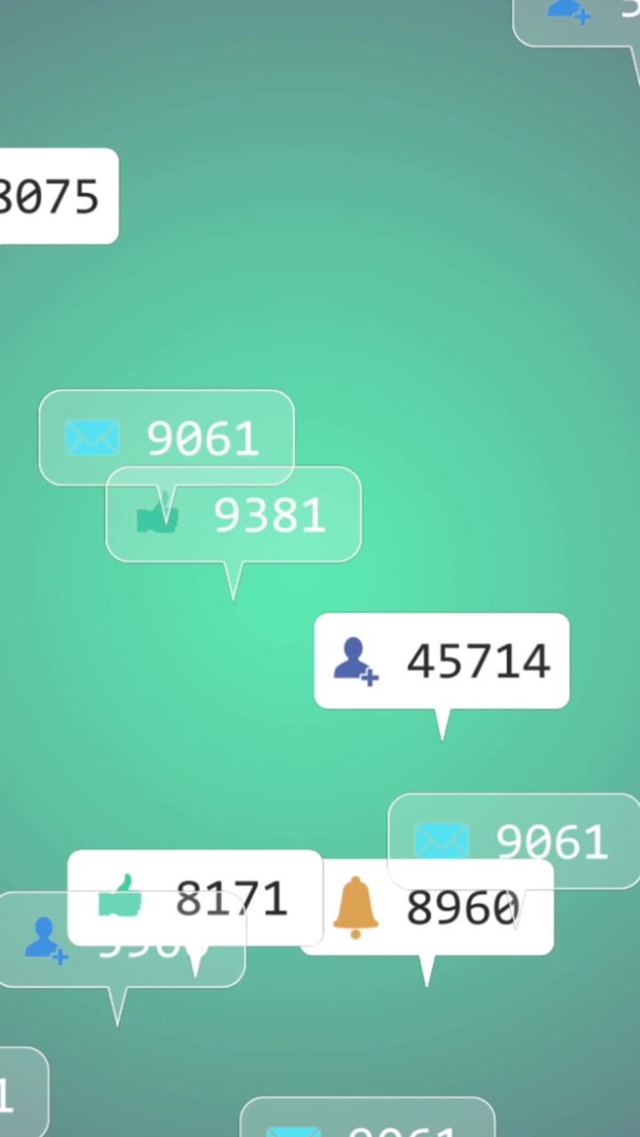Animation of icons and changing numbers in notification boxes against abstract background