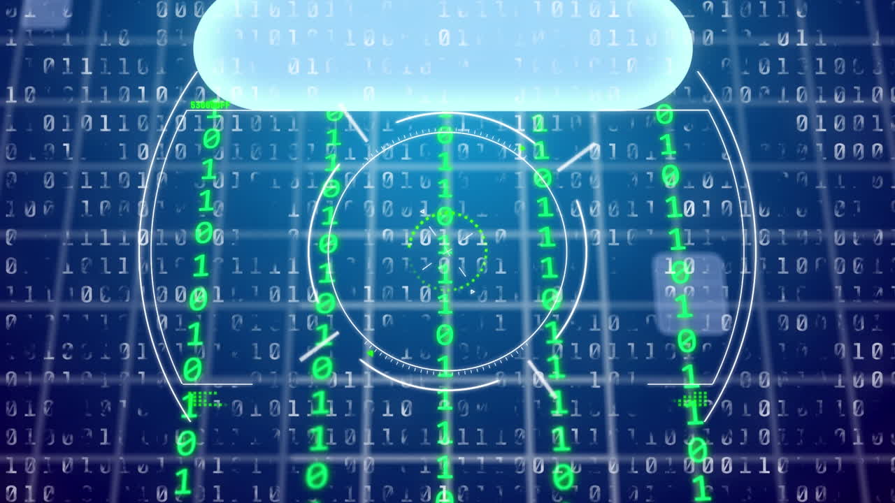 Animation of binary coding data processing over blue background