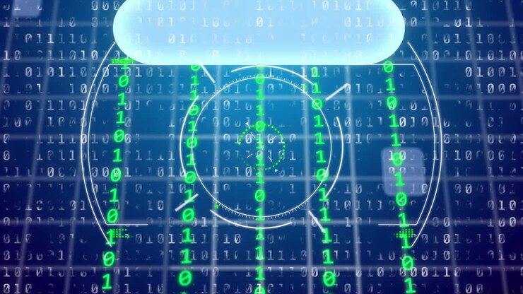 Animation of binary coding data processing over blue background