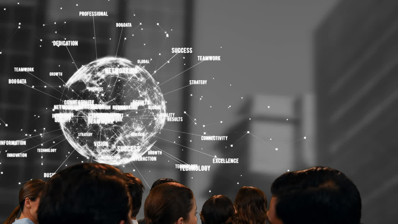 다양한 사업가들이 도시 풍경 위의 지구와 함께 프레젠테이션을 보는 애니메이션