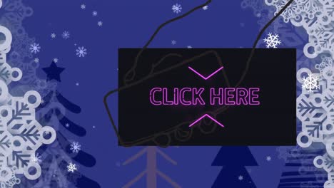 Animation-of-click-here-text-on-screen-over-snow-falling-in-background