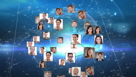 animation of globe with network of connections and business people photos