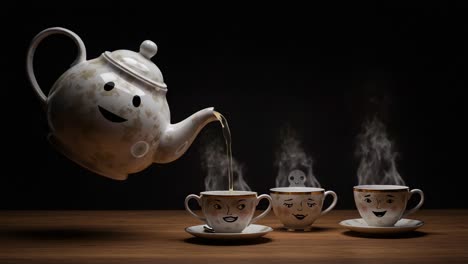 a cheerful teapot pours steaming tea into animated cups, creating a joyful scene of whimsical characters enjoying a cozy moment together