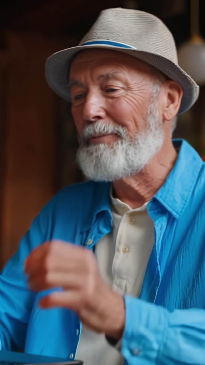 Warm smile brightens a man's face. Gentle hands type on a phone. Gray hat and blue shirt add charm. Calm, contented, and focused. Perfect for cozy, modern, or wise elder scenes
